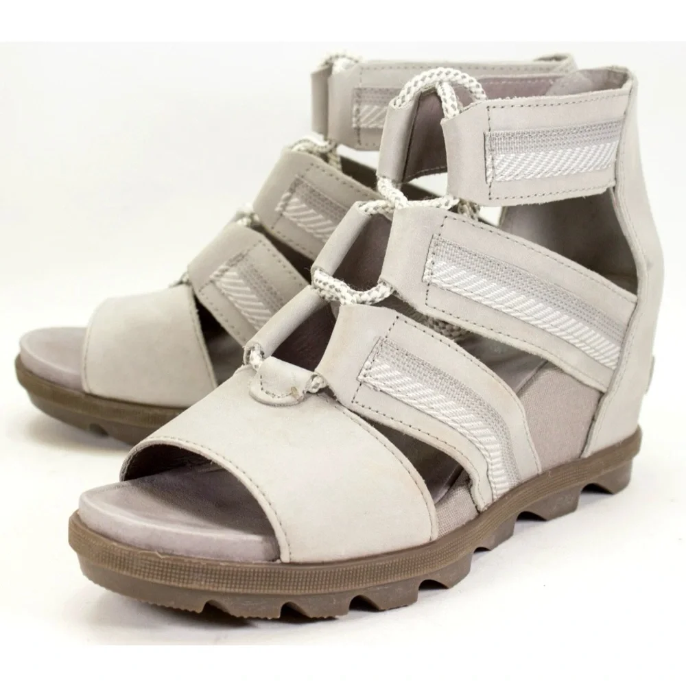 Sorel Joanie Womens Size US 9 Lace Wedge Sandals Saddle Ash Grey Peep Toe Shoes - Picture 2 of 11